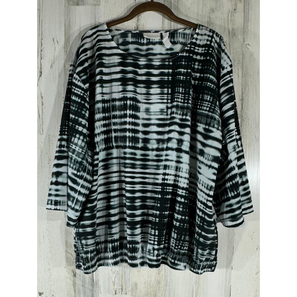 Chicos Blouse Top Size 3 or XL Black White Abstract Tie Dye Slinky Elastic Waist